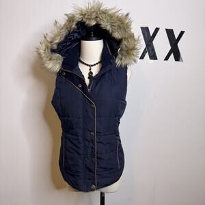 Y2K Navy Cropped Puffer Vest Faux Fur Hood Crop Winter Coat Indie Sleaze 2000s M